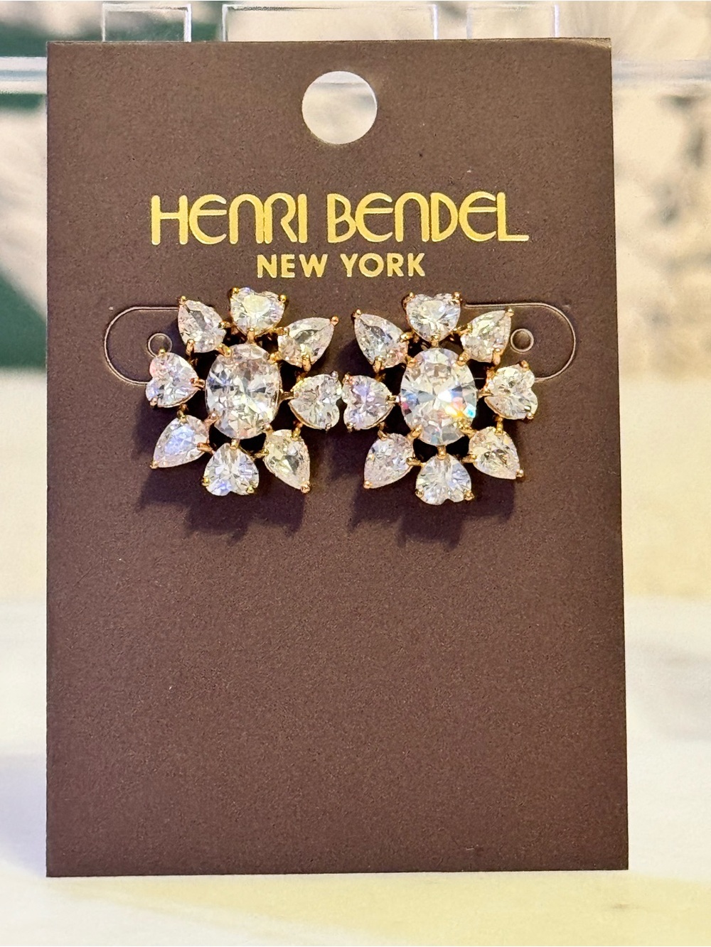 Henri Bendel Gold Toned Clear Crystal Flower Stud Earrings NEW